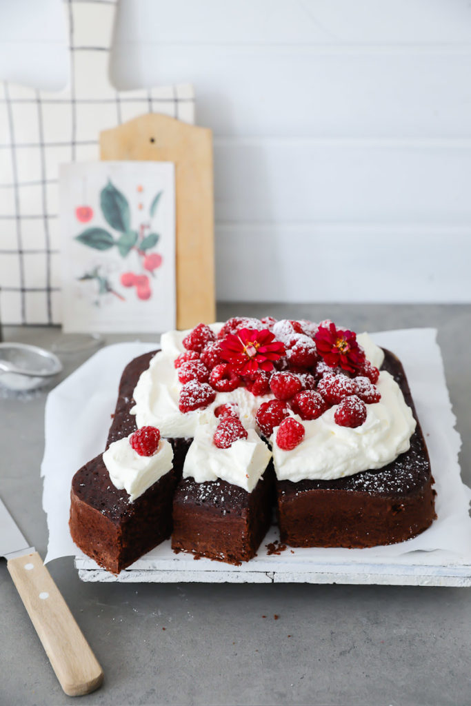 Rezept Basisrezept Schokoladenkuchen Schokokuchen Springform quadratisch Himbeeren Himbeerkuchen Kaiser La Forme Plus easy chocolate cake rezept für kuchenbuffet zucker zimt und liebe kuchen kuchenblog backblog einfaches kuchenrezept foodstyling foodphotography