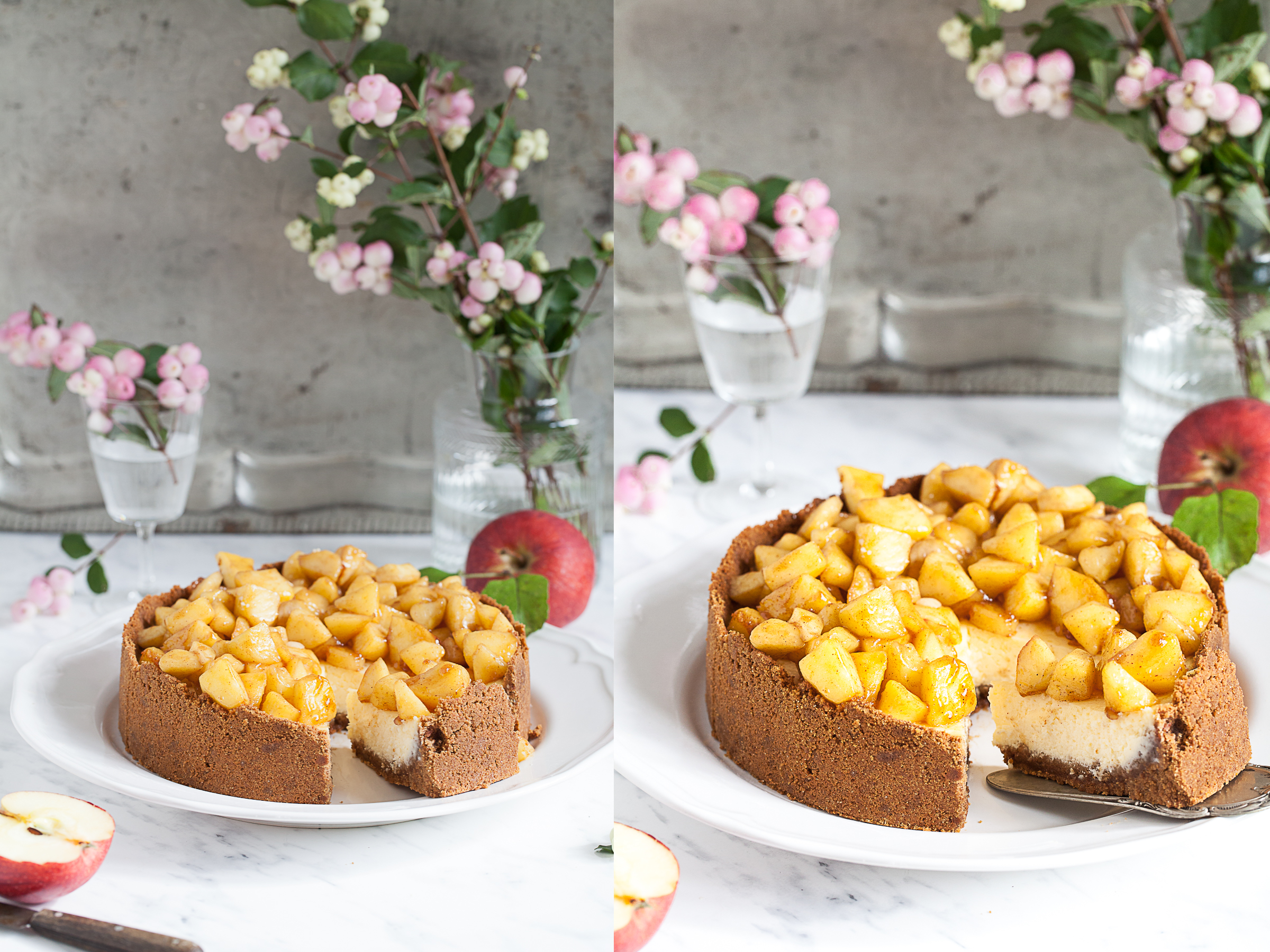 Apfel Käsekuchen mit Amarettiniboden Backrezept – Apple cheesecake ...