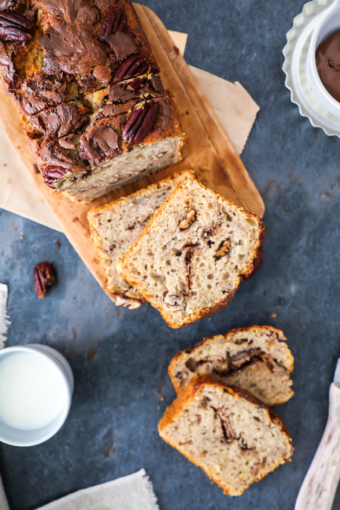 Nutella Bananenbrot mit Pekannüssen nutella swirl banana bread with pecan nuts zuckerzimtundliebe kastenkuchen einfacher bananenkuchen rührteig backblog backrezept was tun mit reifen bananen zucker zimt und liebe baking backen