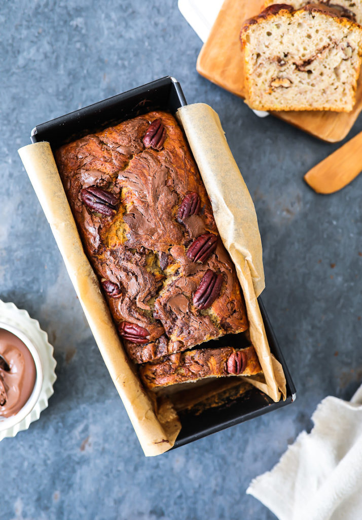 Nutella Bananenbrot mit Pekannüssen nutella swirl banana bread with pecan nuts zuckerzimtundliebe kastenkuchen einfacher bananenkuchen rührteig backblog backrezept was tun mit reifen bananen zucker zimt und liebe baking backen