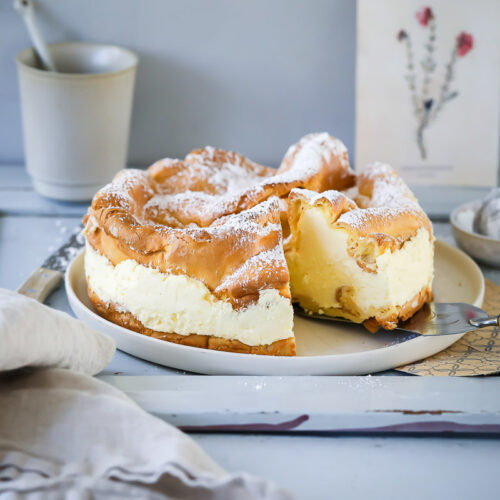 Karpatka Windbeutelkuchen-Rezept mit Puddingfüllung eclair cake brandteig grundrezept mountain cake bakefeed zuckerzimtundliebe backblog foodblog food photography foodstyling choux pastry